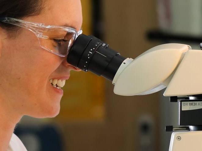 戴着护目镜的学生通过生物显微镜观察